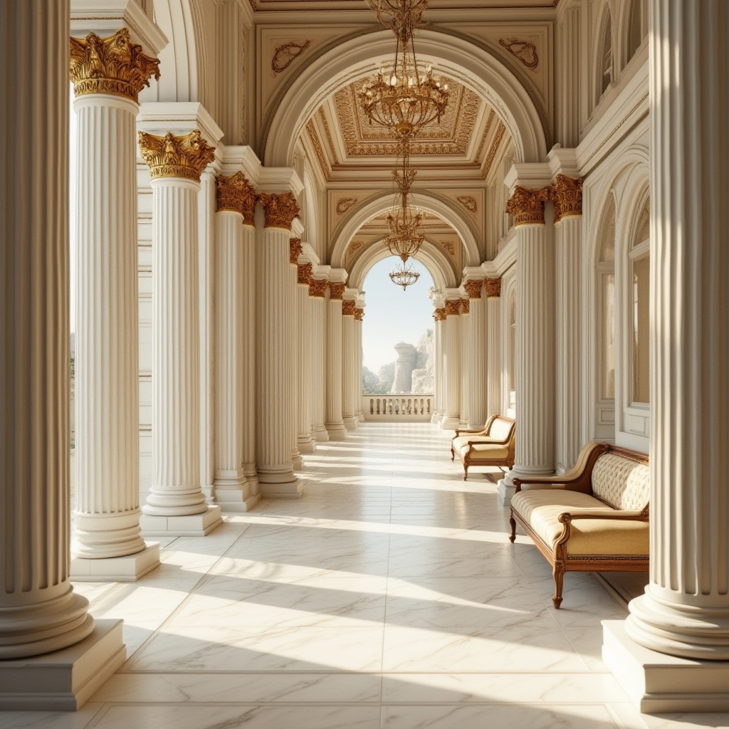 Prompt: \Traditional Greek columns, ornate carvings, white marble floors, polished wooden panels, luxurious velvet fabrics, rich leather upholstery, antique bronze hardware, crystal chandeliers, intricate moldings, subtle cream colors, warm golden lighting, shallow depth of field, 1/1 composition, realistic textures, ambient occlusion.\