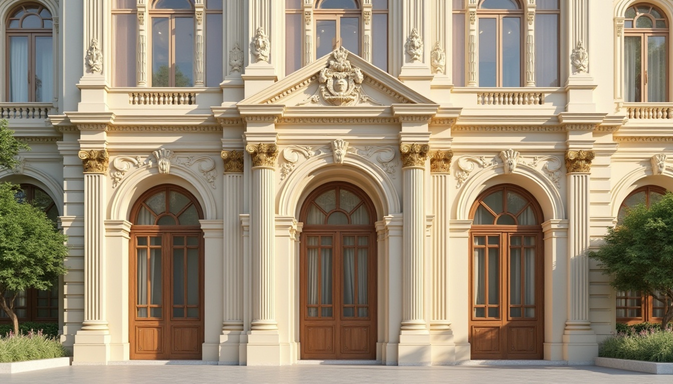 Prompt: Elegant neoclassical facade, ornate details, soft cream walls, rich gold accents, subtle beige trim, classical columns, intricate moldings, grand entranceways, symmetrical architecture, balanced composition, natural stone textures, warm afternoon light, gentle shadows, 1/2 composition, realistic rendering, atmospheric perspective.