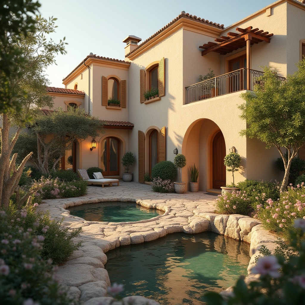 Prompt: Warm villa facade, Mediterranean-style architecture, soft beige stucco walls, rustic wooden accents, lush greenery surroundings, blooming flowers, tranquil water features, serene natural ambiance, earthy tone color palette, warm golden lighting, shallow depth of field, 1/2 composition, realistic textures, ambient occlusion.