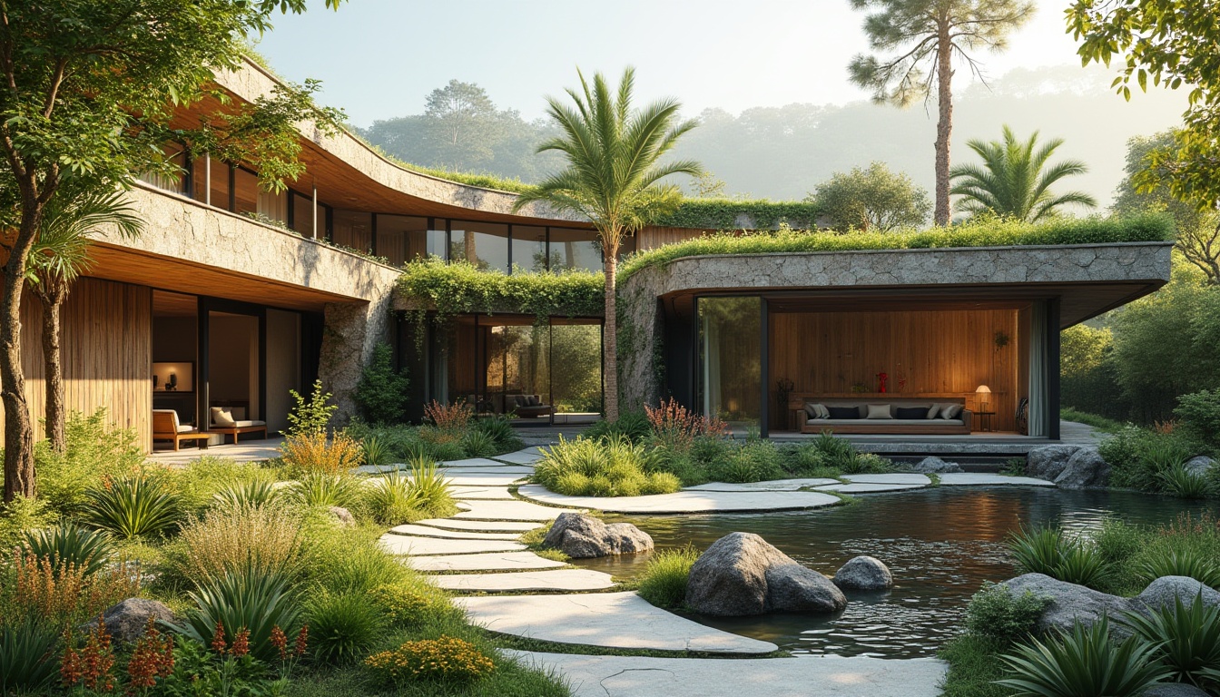 Prompt: Seamless integration, organic forms, earthy tones, lush green roofs, living walls, natural stone facades, reclaimed wood accents, floor-to-ceiling windows, sliding glass doors, outdoor spaces, serene water features, minimalist landscaping, meandering pathways, native plant species, vibrant wildflowers, warm sunlight, soft shadows, 1/1 composition, shallow depth of field, realistic textures, ambient occlusion.