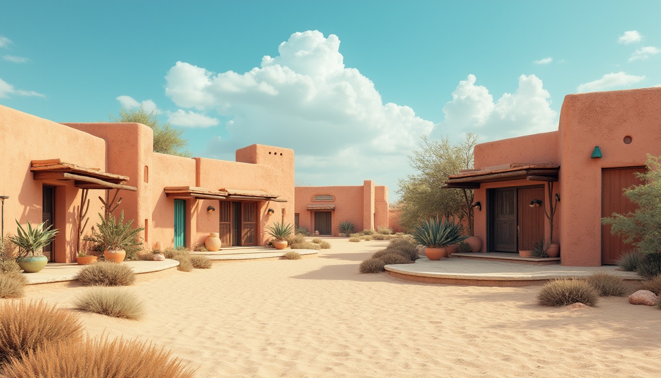 Prompt: Earth-toned adobe buildings, sandy beige walls, warm terracotta roofs, turquoise accents, vibrant coral hues, soft sagebrush greenery, weathered wooden doors, rusty metal fixtures, natural stone flooring, sandy dunes, clear blue sky, hot sunny day, vast open space, modern desert architecture, sleek minimalist design, sustainable energy solutions, solar panels, wind turbines, water conservation systems, eco-friendly materials, innovative cooling technologies, shaded outdoor spaces, misting systems, Arabic-inspired patterns, vibrant colorful textiles, intricate geometric motifs.