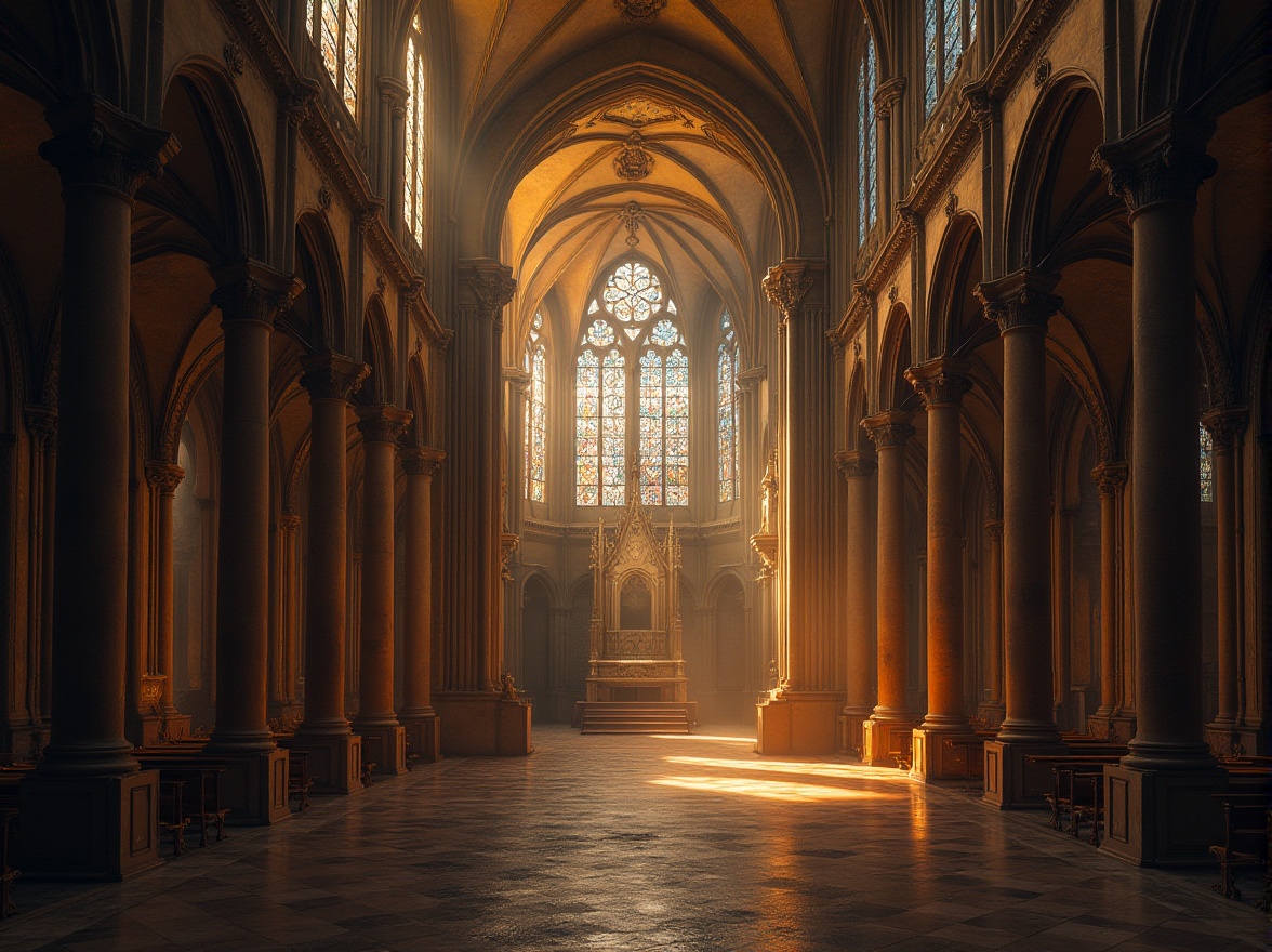 Prompt: Grandiose cathedral, ribbed vaulted ceilings, pointed arches, stunning stained glass windows, ornate stone carvings, intricate gargoyles, majestic pillars, dramatic lighting effects, warm golden tones, richly textured fabrics, mysterious atmosphere, symmetrical composition, high-angle shot, cinematic mood, atmospheric mist, soft focus blur.