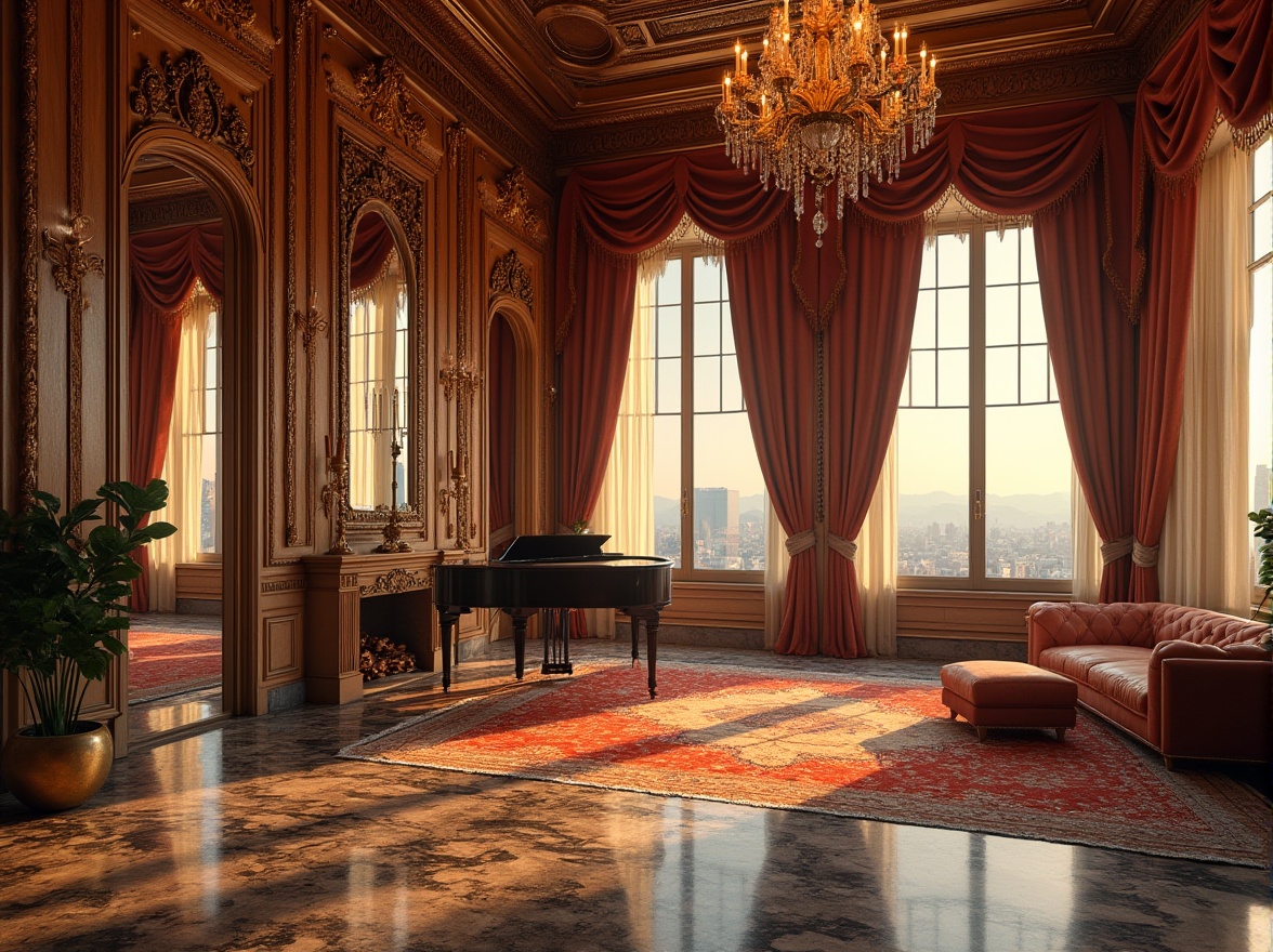 Prompt: Luxurious penthouse, opulent Baroque design, intricately carved wooden panels, gilded moldings, ornate mirrors, lavish crystal chandeliers, velvet drapes, richly patterned rugs, marble floors, grand piano, majestic cityscape views, warm golden lighting, shallow depth of field, 1/2 composition, dramatic shadows, realistic textures, ambient occlusion.