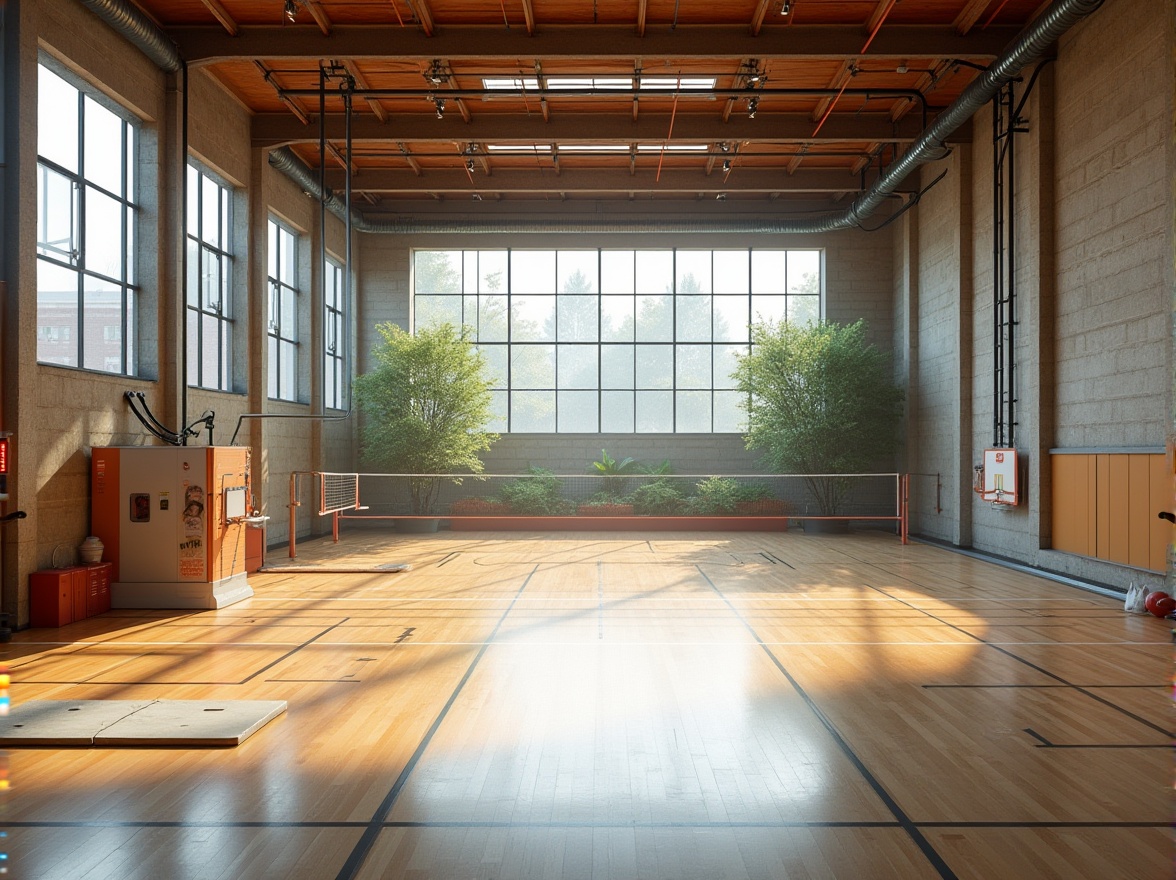 Prompt: Spacious gymnasium interior, high ceilings, large windows, clerestory windows, natural stone walls, wooden floors, athletic equipment, basketball hoops, volleyball nets, gymnastics mats, bright daylight, soft diffused lighting, warm color tones, minimalist design, modern architecture, steel beams, exposed ductwork, industrial chic aesthetic, urban landscape views, outdoor courtyards, lush greenery, morning sunlight, high contrast ratio, shallow depth of field, 1/1 composition, realistic textures, ambient occlusion.