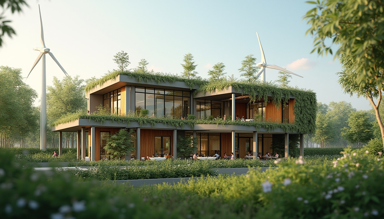 Prompt: Eco-friendly building, green roof, solar panels, wind turbines, rainwater harvesting system, recycled metal frames, low-carbon concrete, FSC-certified wooden structures, bamboo flooring, reclaimed wood accents, energy-efficient windows, double glazing, thermal insulation, natural ventilation systems, living walls, vertical gardens, urban agriculture, modern minimalist design, industrial chic aesthetic, warm soft lighting, shallow depth of field, 3/4 composition, panoramic view.