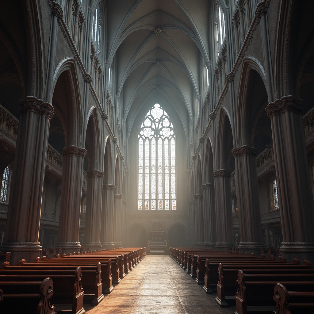 Prompt: Ethereal cathedral interior, soaring vertical lines, ribbed vaults, pointed arches, stained glass windows, intricate stone carvings, dramatic chiaroscuro, mystical ambiance, grandiose scale, ornate furnishings, luxurious fabrics, majestic atmosphere, soft diffused lighting, high contrast ratio, 1/1 composition, symmetrical framing, realistic textures, subtle ambient occlusion.