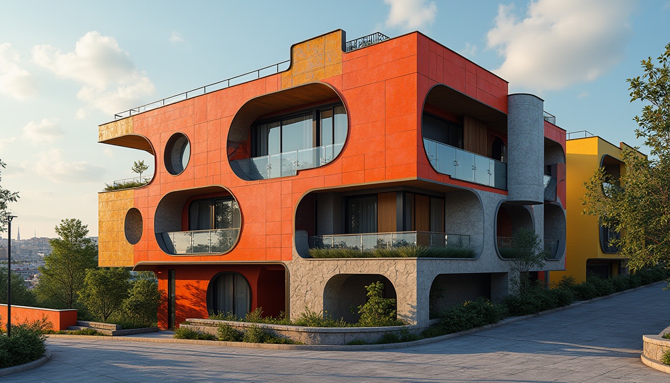 Prompt: Vibrant residential facade, bold color blocking, irregular shapes, dynamic forms, expressive architecture, playful asymmetry, contrasting textures, rough stone walls, smooth metal cladding, transparent glass accents, cantilevered balconies, abstract patterns, urban context, cityscape views, modernist inspiration, artistic freedom, emotive design language, experimental materials, futuristic undertones, atmospheric lighting, dramatic shading, 1/1 composition, high-contrast renderings, detailed textures, ambient occlusion.