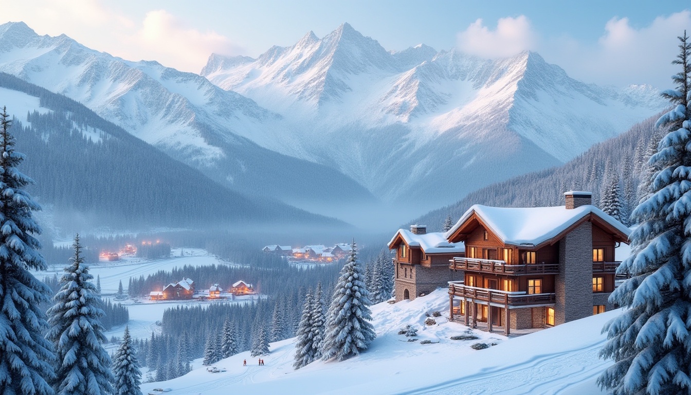 Prompt: Snow-capped mountain peaks, frosty pine trees, powdery snow slopes, ski lifts, cable cars, snowy trails, wooden chalets, rustic architecture, steep rooflines, chimney details, warm cabin lighting, cozy interior design, stone fireplaces, wooden accents, natural textiles, earthy color palette, misty atmosphere, soft focus, shallow depth of field, 1/2 composition, panoramic view, realistic snow effects, ambient occlusion.