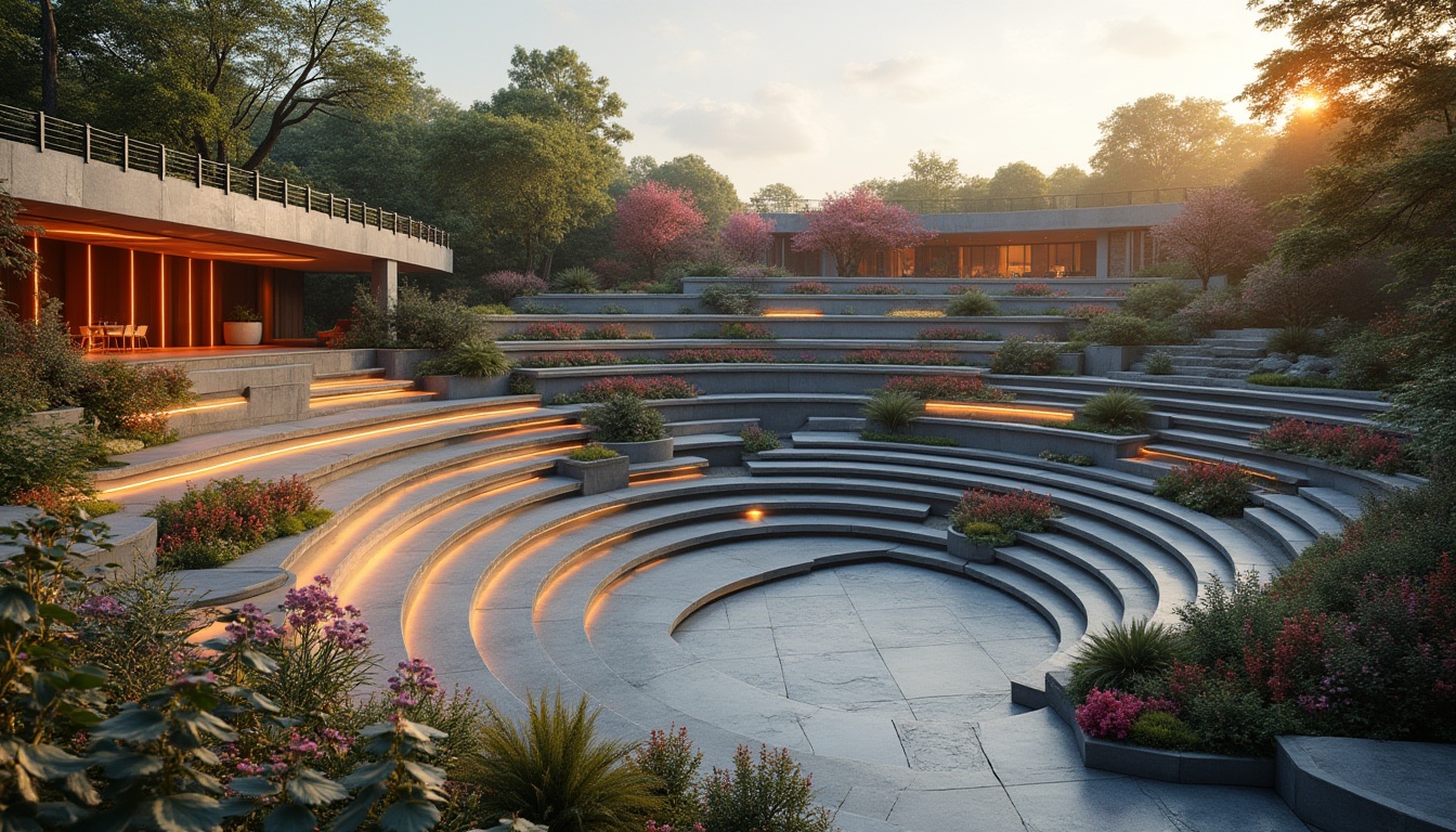 Prompt: Tiered seating, gradient stone steps, cantilevered platforms, futuristic amphitheater design, circular configuration, sleek metal railings, minimalist aesthetics, vibrant LED lighting, warm ambient glow, shallow depth of field, 1/2 composition, realistic textures, ambient occlusion, lush greenery, blooming flowers, sunny day, soft warm lighting.