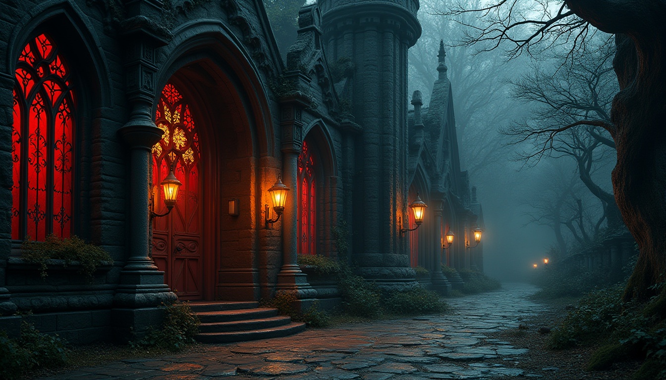 Prompt: Dark mysterious atmosphere, rich velvety textures, ornate stone carvings, intricate gothic arches, mystical stained glass windows, lavish golden accents, bold crimson reds, deep midnight blues, eerie candlelight, foggy misty mornings, dramatic shadows, warm glowing lanterns, ancient weathered stones, mystical forest surroundings, twisted tree branches, overgrown ivy, mysterious abandoned ruins, ominous stormy skies, cinematic 2.35