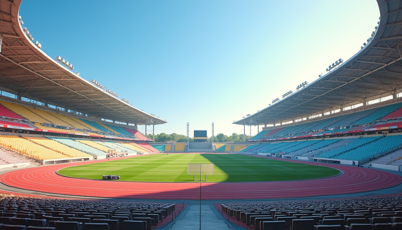 Prompt: Grandstand seating, vibrant team colors, athletic track surfaces, sports field markings, goalposts, scoreboard displays, floodlighting systems, natural grass turf, rubberized running tracks, sleek metal bleachers, angular cantilevered roofs, modernist architecture, open-air design, clear blue sky, sunny day, soft warm lighting, shallow depth of field, 3/4 composition, panoramic view, realistic textures, ambient occlusion.