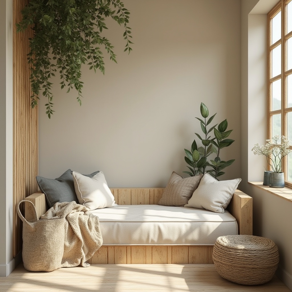 Prompt: Soft warm beige walls, creamy white accents, calming pale blue hues, rich walnut wood tones, subtle metallic copper highlights, lush greenery, natural stone textures, cozy atmospheric lighting, shallow depth of field, 2/3 composition, soft focus effect, realistic renderings, ambient occlusion.