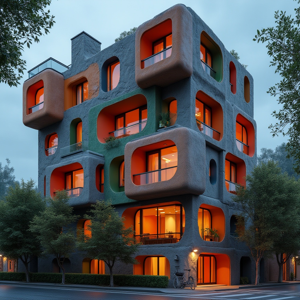 Prompt: Vibrant residential building, expressive facade, irregular shapes, bold color blocking, dynamic pattern play, contrasting textures, rough stone walls, smooth glass surfaces, intricate metal details, cantilevered balconies, asymmetrical composition, dramatic lighting effects, deep shadows, 1/2 camera angle, cinematic mood, moody atmosphere, urban cityscape, evening ambiance, soft warm glow.