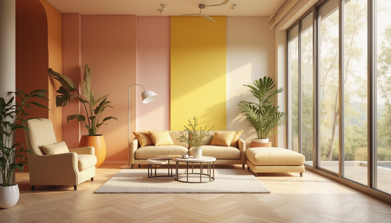 Prompt: Vibrant modern interior, trendy color scheme, pastel hues, bold accents, contrasting neutrals, warm beige tones, rich wood textures, sleek metal fixtures, natural light pouring in, soft gradient effects, atmospheric misting, 1/2 composition, shallow depth of field, realistic renderings.