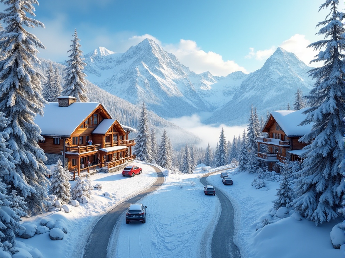 Prompt: Snow-capped mountains, frosty pine trees, warm wooden lodges, vibrant ski equipment, cozy fireplaces, rustic stone walls, frozen lakes, misty mornings, soft powder snow, icy blue skies, dynamic ski trails, modern ski lifts, adventurous atmosphere, energizing bright colors, natural earth tones, warm beige textures, refreshing frosty air, panoramic views, shallow depth of field, 3/4 composition, realistic shadows, ambient occlusion.