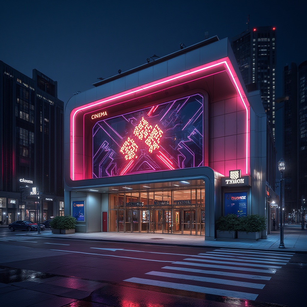 Prompt: Futuristic cinema facade, high-tech metallic materials, neon lights, sleek angular lines, LED displays, 3D signage, glass curtain walls, minimalist entrance, stainless steel doors, polished chrome accents, dynamic LED lighting, urban cityscape, night scene, shallow depth of field, 1/1 composition, cinematic atmosphere, dramatic shadows, vibrant color grading.