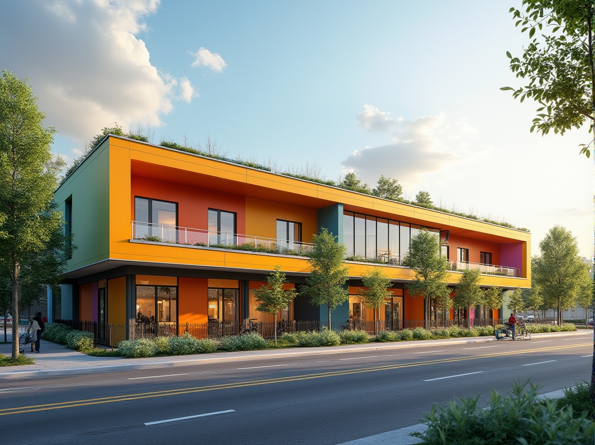 Prompt: Vibrant community center facade, modern angular lines, bold color blocking, large glass windows, cantilevered roofs, green walls, living vegetation, urban landscape, bustling streets, morning sunlight, soft warm lighting, shallow depth of field, 3/4 composition, panoramic view, realistic textures, ambient occlusion.