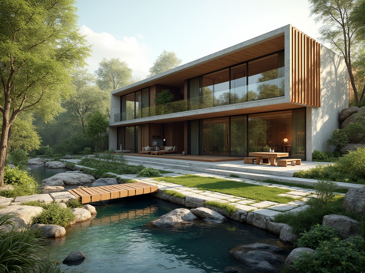 Prompt: Villa facade, modern streamline design, curved lines, minimalist aesthetic, large windows, sliding glass doors, natural stone walls, lush greenery, tranquil water features, babbling brook, serene stream, wooden bridge, meandering pathways, rustic benches, vibrant flowerbeds, warm sunny day, soft diffused lighting, shallow depth of field, 3/4 composition, panoramic view, realistic textures, ambient occlusion.