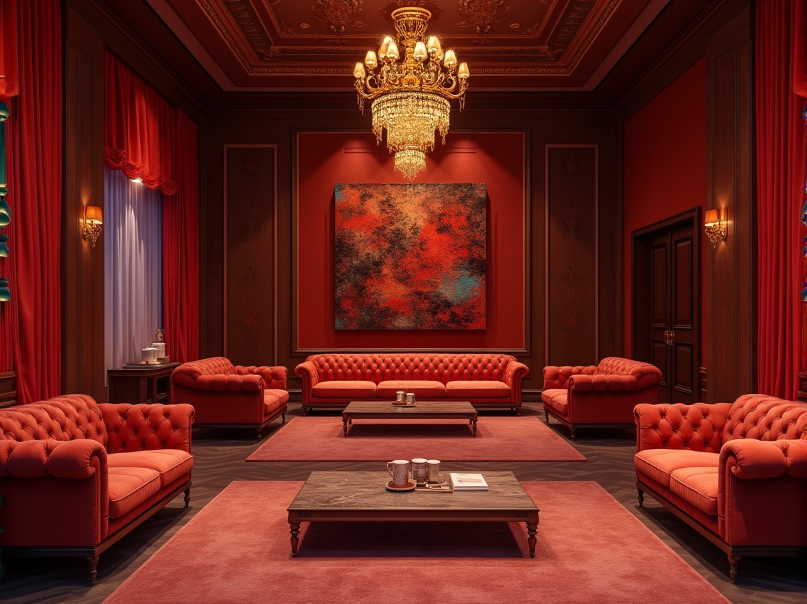 Prompt: Vibrant event space, maroon accent walls, rich wood tones, luxurious velvet fabrics, ornate golden chandeliers, plush crimson sofas, bold abstract artwork, warm atmospheric lighting, shallow depth of field, 1/1 composition, realistic textures, ambient occlusion.