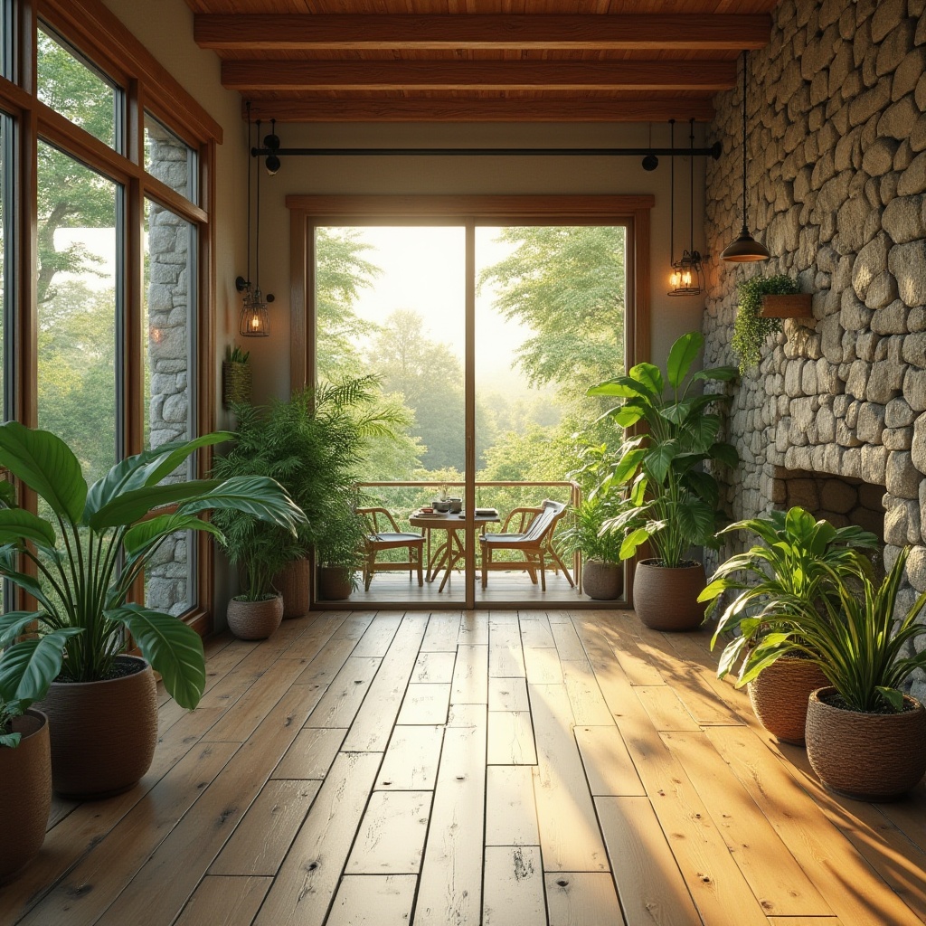 Prompt: Vibrant living room, large windows, sliding glass doors, natural stone walls, wooden floors, minimalist decor, abundant greenery, lush plants, bright morning light, soft warm glow, indirect illumination, subtle shadows, 1/1 composition, realistic textures, ambient occlusion.