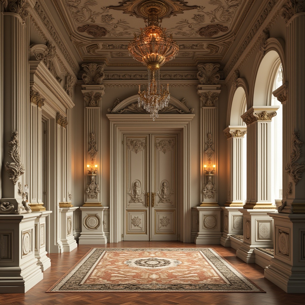 Prompt: Intricate carvings, ornate moldings, grandiose columns, ornamental arches, symmetrical facades, marble statues, gilded accents, bronze door handles, crystal chandeliers, patterned rugs, luxurious fabrics, rich wood tones, subtle color palette, soft warm lighting, shallow depth of field, 1/1 composition, realistic textures, ambient occlusion.