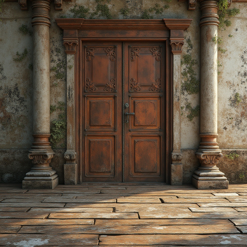 Prompt: Rustic wooden planks, distressed metal sheets, rough-hewn stone walls, intricate ceramic tiles, vibrant mosaic patterns, ornate carved details, worn concrete floors, faded brick facades, peeling paint textures, aged copper accents, moss-covered surfaces, natural earthy tones, warm golden lighting, high-contrast shading, detailed normal maps, realistic material properties.