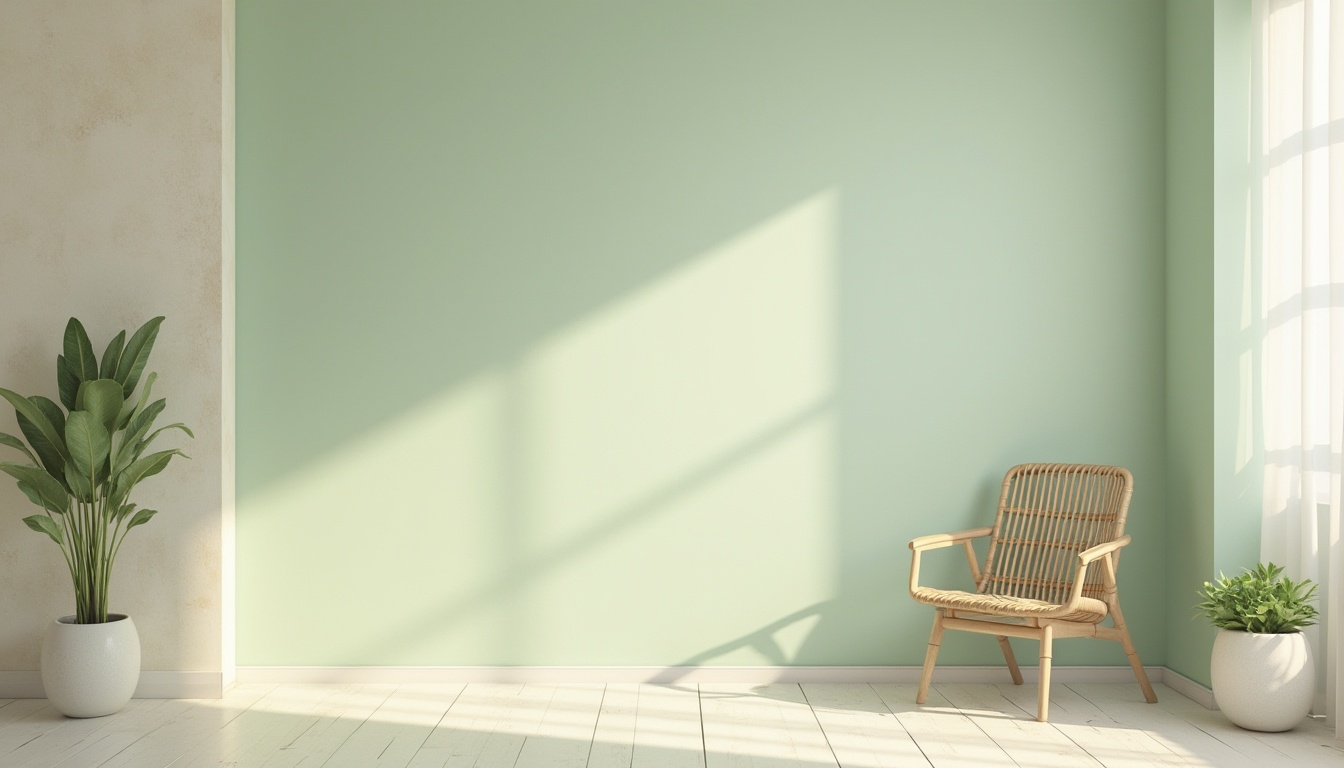 Prompt: Pastel mint walls, soft creamy accents, calming atmosphere, natural textures, earthy tones, subtle color contrasts, soothing ambiance, minimalist decor, sleek modern furniture, gentle lighting effects, shallow depth of field, 1/1 composition, realistic renderings, ambient occlusion.