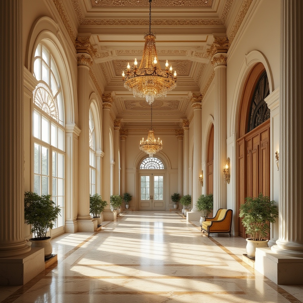 Prompt: Grand entrance hall, imposing columns, ornate capitals, symmetrical fa\u00e7ade, classical arches, intricate moldings, luxurious marble flooring, sweeping staircase, elegant chandeliers, warm beige walls, rich wood paneling, ornamental ceiling details, sophisticated furniture, refined interior design, ample natural light, soft diffused lighting, shallow depth of field, 1/1 composition, realistic textures, ambient occlusion.