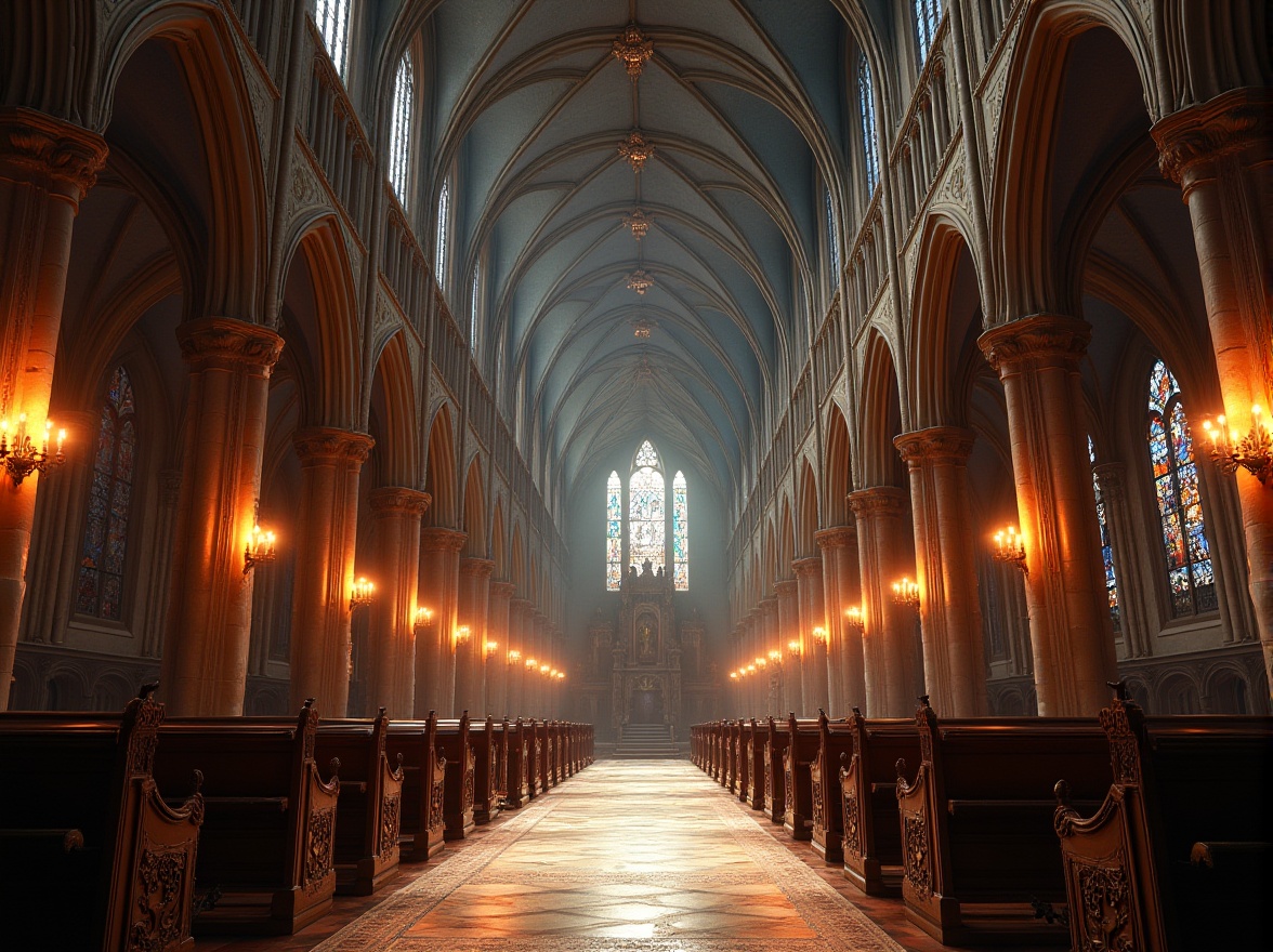 Prompt: Grand cathedral interior, vaulted ceilings, ribbed arches, stained glass windows, intricate stone carvings, ornate furnishings, mystical ambiance, soft warm lighting, dramatic shadows, high-angle composition, detailed textures, ambient occlusion.