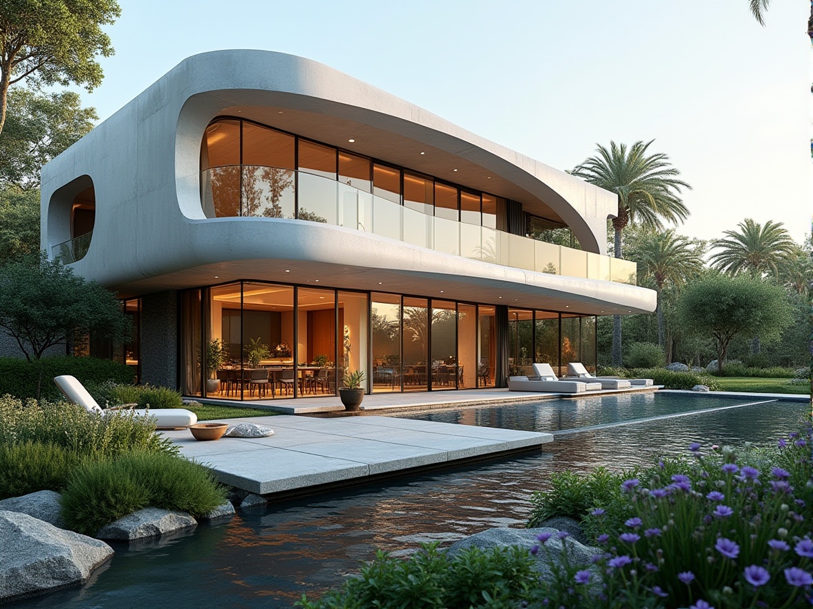 Prompt: Curved villa facade, streamlined modern architecture, reflective glass surfaces, minimalist design, subtle LED lighting, cantilevered balconies, sleek metal railings, floor-to-ceiling windows, sliding glass doors, natural stone cladding, lush greenery, vibrant flowers, serene water features, gentle stream flows, peaceful outdoor spaces, warm sunny day, soft diffused lighting, shallow depth of field, 3/4 composition, realistic textures, ambient occlusion.