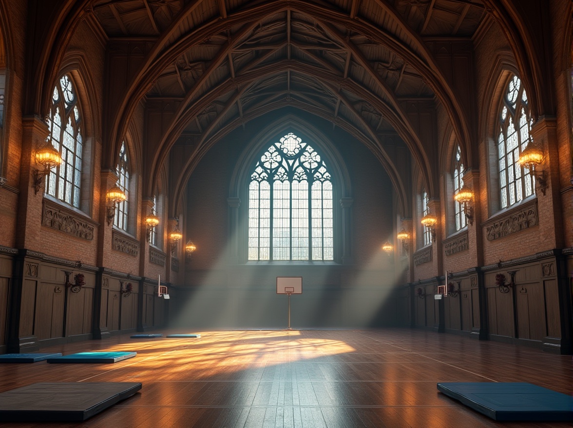 Prompt: Grand gymnasium, vaulted ceilings, Gothic arches, ribbed vaults, stone walls, stained glass windows, intricate carvings, ornate chandeliers, dark wooden floors, athletic equipment, basketball hoops, gymnastic mats, medieval-inspired architecture, dramatic lighting effects, warm color tones, soft shadows, atmospheric fog, 1/2 composition, symmetrical framing, cinematic mood.