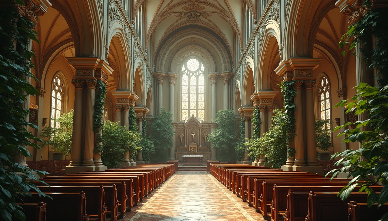 Prompt: \Majestic Renaissance church, grandiose architecture, lush greenery, vibrant foliage, intricate stone carvings, ornate wooden decorations, stained glass windows, warm golden lighting, soft natural textures, subtle color gradations, serene atmosphere, 1/2 composition, symmetrical view, realistic render, ambient occlusion.\