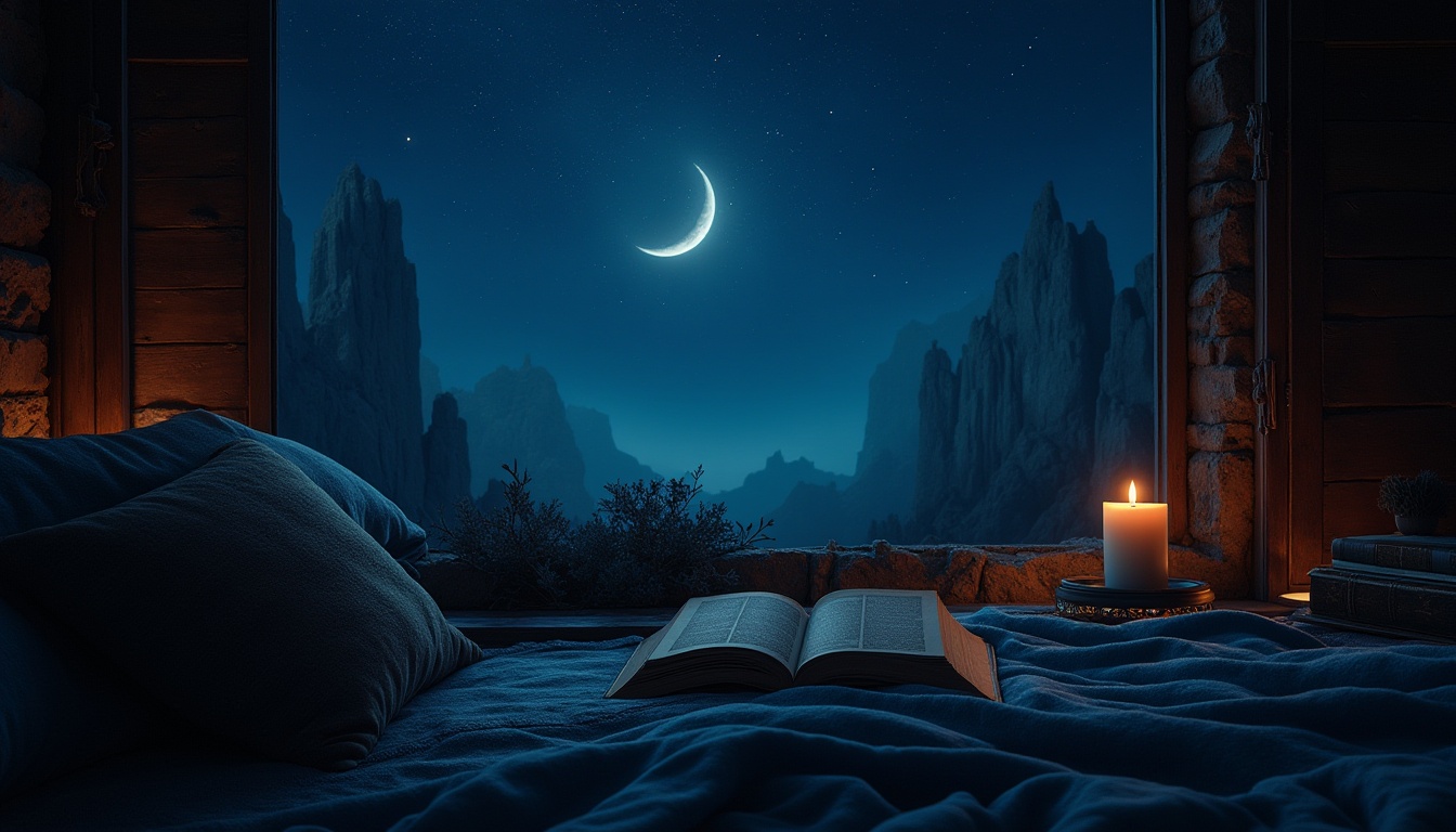 Prompt: Mysterious indigo night sky, twinkling stars, crescent moon, dark blue accents, luxurious velvet fabrics, rich wood textures, antique furniture, vintage leather bound books, dim warm lighting, cozy reading nook, intimate atmosphere, dramatic shadows, 1/1 composition, low-key color harmony, subtle gradient effects.