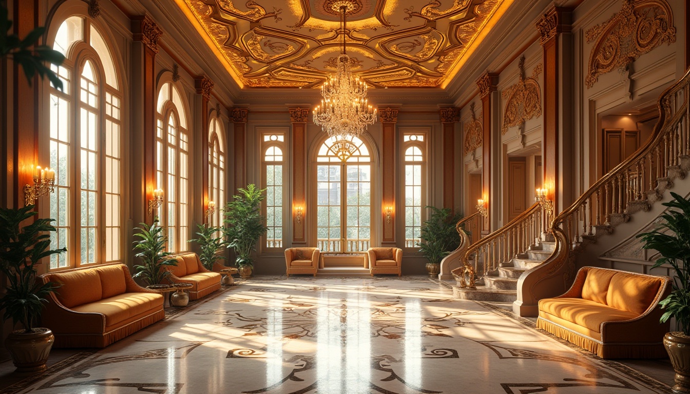 Prompt: Grand pavilion, ornate Art Deco fa\u00e7ade, luxurious marble floors, lavish chandeliers, curved staircases, opulent furnishings, rich velvet drapes, metallic accents, geometric patterns, intricate moldings, high ceilings, expansive windows, natural light, warm ambiance, soft golden lighting, 1/1 composition, symmetrical framing, ornate mirrors, elegant vases, exotic plants, refined textures, ambient shadows.