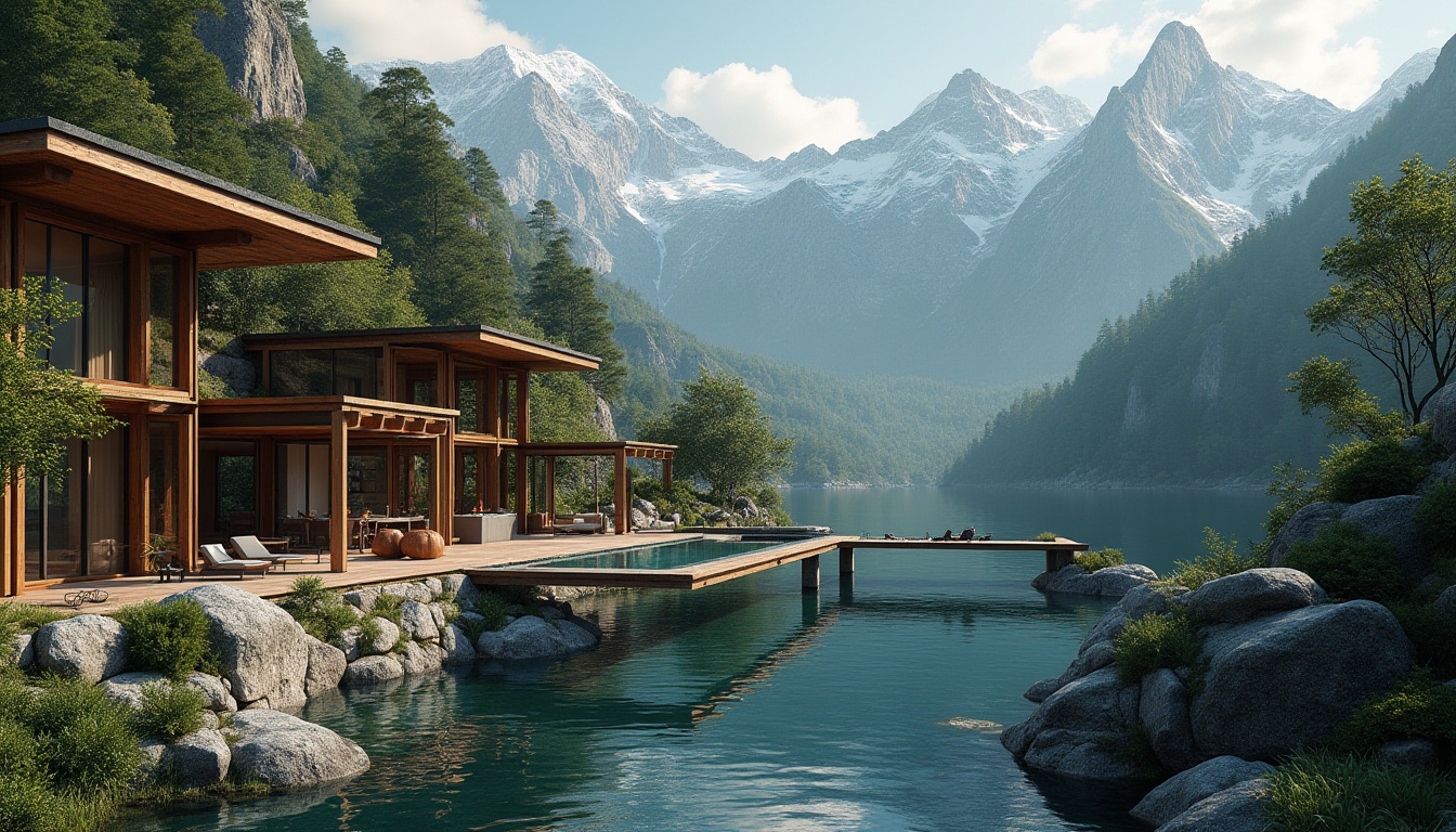 Prompt: Mountainous landscape, lush green forests, serene water features, natural stone walls, rustic wooden bridges, modern minimalist architecture, cantilevered roofs, large glass windows, sliding doors, outdoor living spaces, infinity pools, hot tubs, fire pits, ambient lighting, shallow depth of field, 3/4 composition, panoramic view, realistic textures, ambient occlusion.