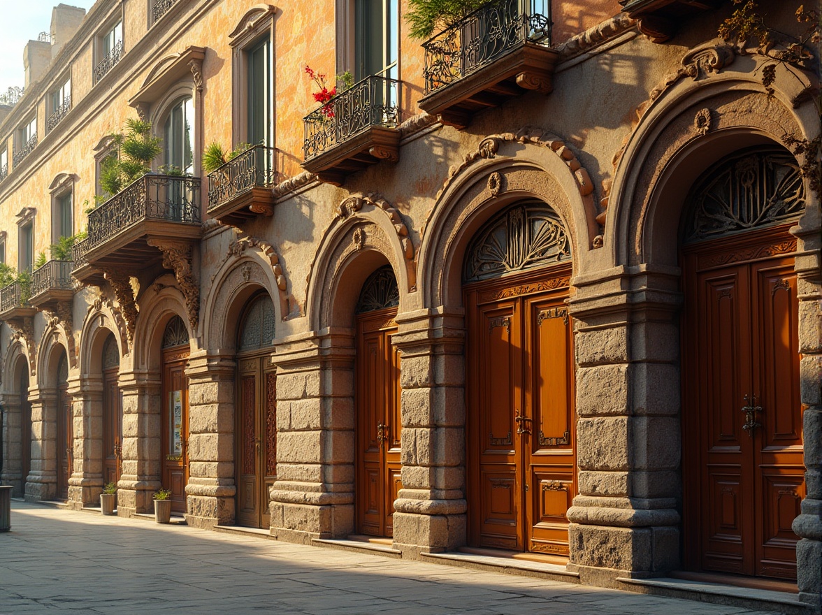 Prompt: Renaissance-style market facade, ornate stonework, arched windows, intricately carved wooden doors, vibrant fresco paintings, bustling street scene, lively atmosphere, warm golden lighting, rich textures, ornamental ironwork, decorative balconies, grand entranceways, symmetrical composition, classical proportions, soft focus effect, shallow depth of field, 1/1 aspect ratio.