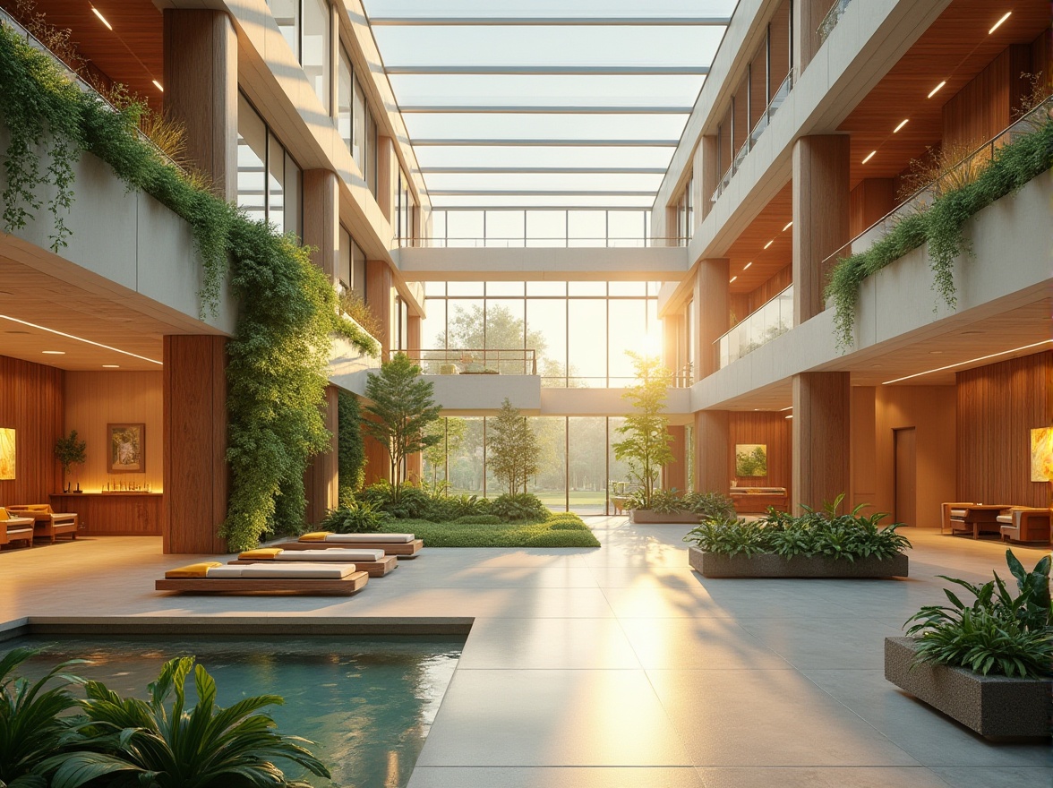 Prompt: Soothing healthcare facilities, warm natural light, large windows, skylights, translucent roofs, gentle color temperatures, calming ambiance, minimalist decor, organic textures, reclaimed wood accents, living green walls, serene botanical gardens, peaceful water features, subtle shading devices, diffused illumination, soft focus lighting, 1/1 composition, shallow depth of field, realistic renderings, ambient occlusion.