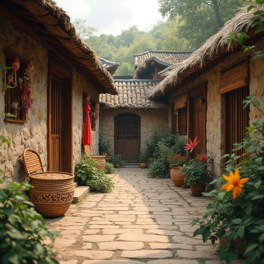 Prompt: Traditional village setting, natural stone walls, earthy tones, wooden accents, thatched roofs, rustic doors, clay tiles, woven bamboo fences, lush greenery, vibrant flowers, local craftsmanship, handmade textiles, ethnic patterns, warm soft lighting, shallow depth of field, 3/4 composition, realistic textures, ambient occlusion.