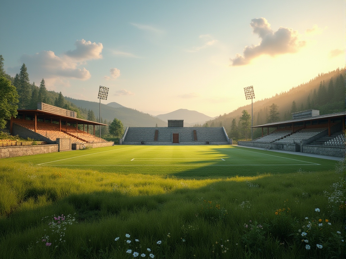 Prompt: Rural football stadium, lush green grass, rolling hills, natural stone walls, rustic wooden fences, vintage scoreboard, classic floodlights, open grandstands, panoramic views, dramatic sunsets, warm golden lighting, shallow depth of field, 3/4 composition, realistic textures, ambient occlusion, surrounding countryside, wildflowers, tall trees, winding paths, rustic benches, rural landscape, distant mountains, clear blue sky.