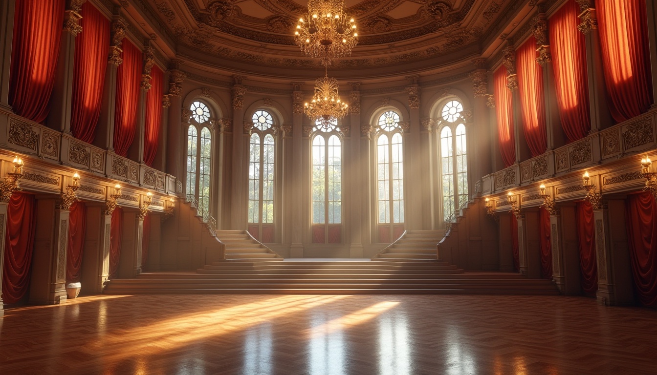 Prompt: Grand auditorium, high ceilings, ornate chandeliers, velvet curtains, polished wooden floors, natural stone walls, large windows, abundant daylight, soft warm lighting, gentle shadows, 3/4 composition, panoramic view, realistic textures, ambient occlusion.