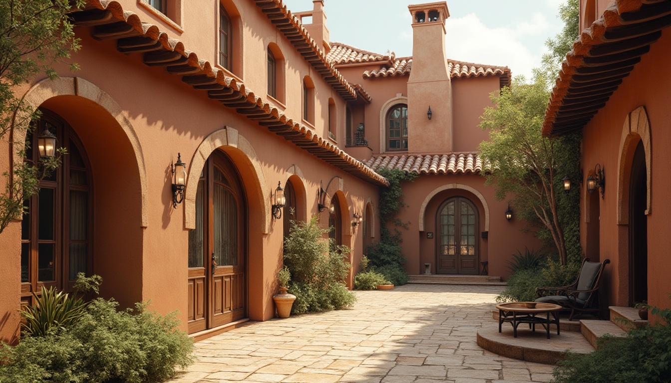 Prompt: Warm chocolate brown buildings, terracotta rooftops, earthy stucco walls, rich wood accents, bronze metal details, creamy white trim, soft beige stone floors, lush greenery, natural textures, organic shapes, curved lines, cozy intimate spaces, warm golden lighting, shallow depth of field, 1/1 composition, realistic renderings, ambient occlusion.