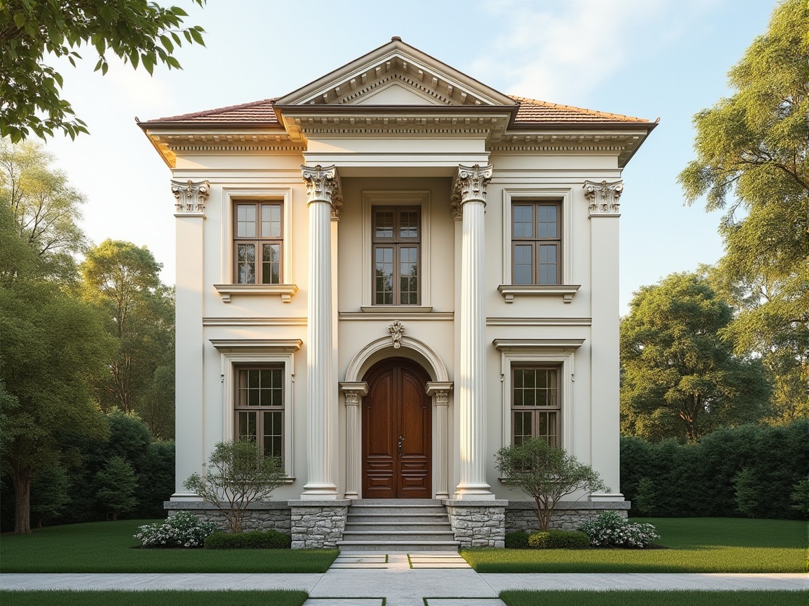 Prompt: Elegant residential facade, majestic columns, ornate capitals, rusticated stone base, symmetrical composition, classical pediment, arched windows, decorative cornices, intricate moldings, creamy white stucco, subtle color palette, soft natural lighting, 1/1 perspective, shallow depth of field, realistic textures, ambient occlusion, serene suburban setting, lush green lawns, blooming flowers, mature trees, sunny afternoon, warm golden light.