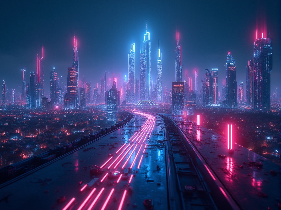 Prompt: Futuristic cityscape, neon-lit skyscrapers, gleaming metallic surfaces, LED light installations, holographic projections, vibrant color schemes, dynamic ambient lighting, softbox diffusers, high-contrast shadows, cinematic atmosphere, 1/1 composition, dramatic spotlighting, radiant floor lamps, luminous ceilings, iridescent glass facades, sleek minimalist fixtures, energy-efficient solutions, solar-powered illumination, smart home automation, immersive virtual reality experiences.