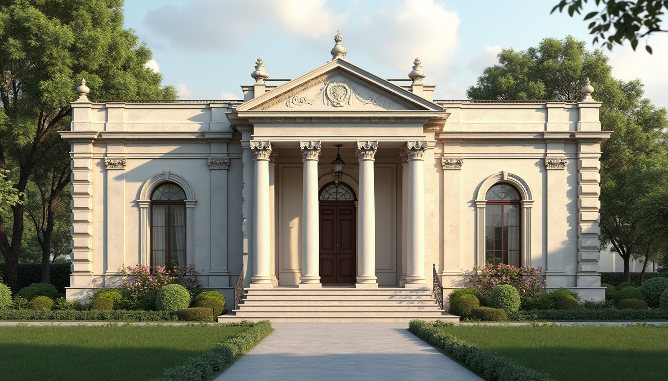 Prompt: Elegant neoclassical facade, ornate columns, intricately carved pediments, symmetrical compositions, grand entranceways, decorative cornices, classical arches, limestone exteriors, neutral color palette, subtle texture variations, soft warm lighting, shallow depth of field, 1/1 composition, realistic renderings, ambient occlusion, lush greenery, manicured lawns, blooming flowers, serene suburban atmosphere.