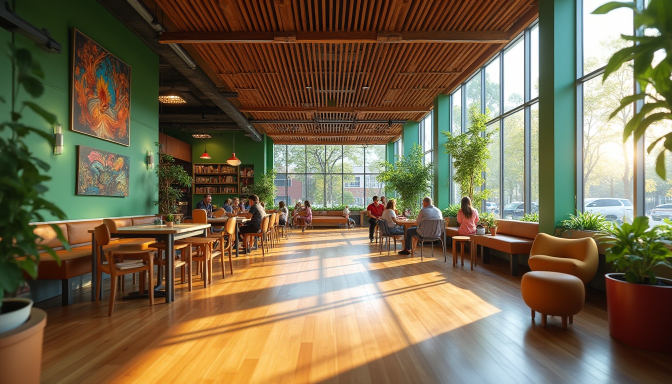 Prompt: Vibrant community center, warm wooden accents, cozy seating areas, natural light pouring in, green walls, modern architecture, open spaces, collaborative workstations, colorful artwork, lively atmosphere, bustling activity, urban surroundings, cityscape views, eclectic furniture, reclaimed wood floors, industrial chic decor, abundant plants, soft warm lighting, shallow depth of field, 1/1 composition, panoramic view, realistic textures.