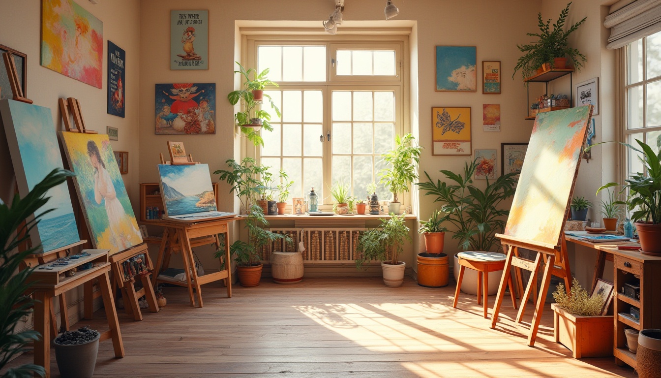 Prompt: Vibrant art studio, natural light pouring in, wooden easels, colorful paints, creative artistic expressions, bold brushstrokes, eclectic furniture, inspirational quotes, artistic freedom, cozy atmosphere, warm beige walls, rich wood accents, soft pastel hues, creamy whites, deep blues, earthy tones, organic textures, subtle gradient effects, harmonious color transitions, balanced composition, 1/2 aspect ratio, shallow depth of field, realistic renderings.