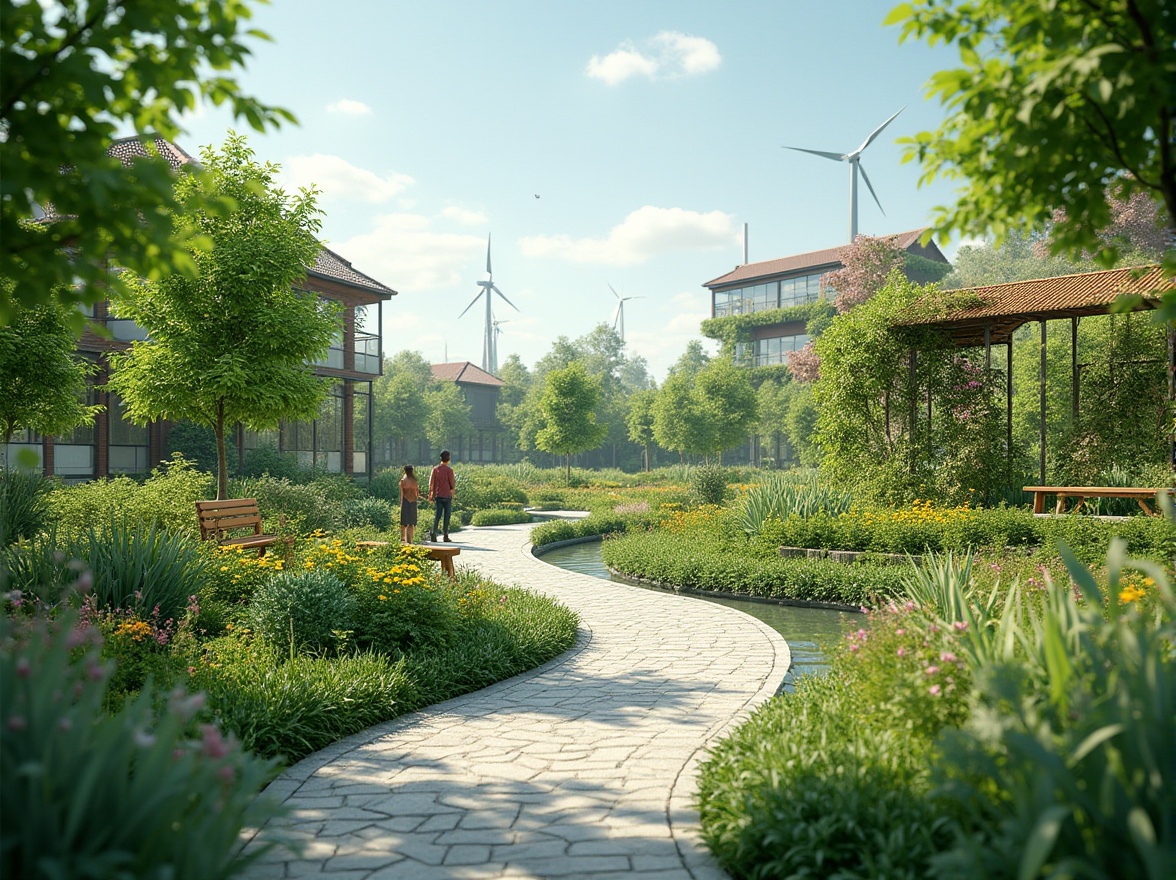 Prompt: Eco-friendly park, lush greenery, native plants, rainwater harvesting system, permeable pavements, organic gardens, composting facilities, recycling stations, solar-powered lighting, wind turbines, green roofs, living walls, natural stone walkways, wooden benches, educational signs, minimal waste design, low-carbon footprint, biophilic architecture, modern sustainable materials, panoramic view, shallow depth of field, 3/4 composition, realistic textures, ambient occlusion.