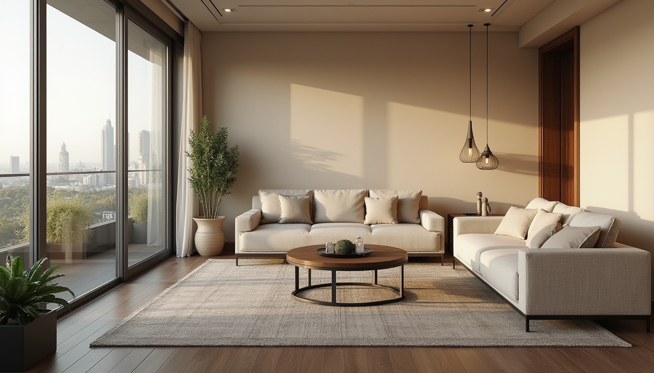 Prompt: Elegant living room, comfortable sofas, warm beige walls, dark wood flooring, modern minimalist coffee table, sleek metal legs, stylish pendant lamps, natural fiber rugs, greenery accents, floor-to-ceiling windows, urban skyline views, soft diffused lighting, 1/2 composition, realistic textures, ambient occlusion.