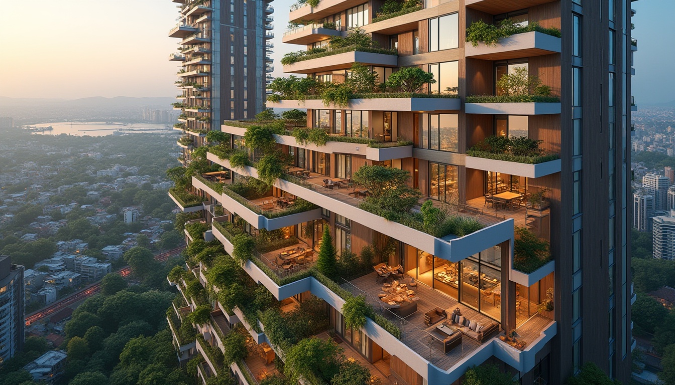 Prompt: Urban skyscraper, high-rise apartments, modern amenities, rooftop gardens, communal lounges, floor-to-ceiling windows, city skyline views, natural ventilation systems, green walls, urban farming, community kitchens, dining areas, social hubs, co-working spaces, fitness centers, yoga rooms, outdoor terraces, soft landscape lighting, warm ambiance, 1/1 composition, medium depth of field, realistic textures.