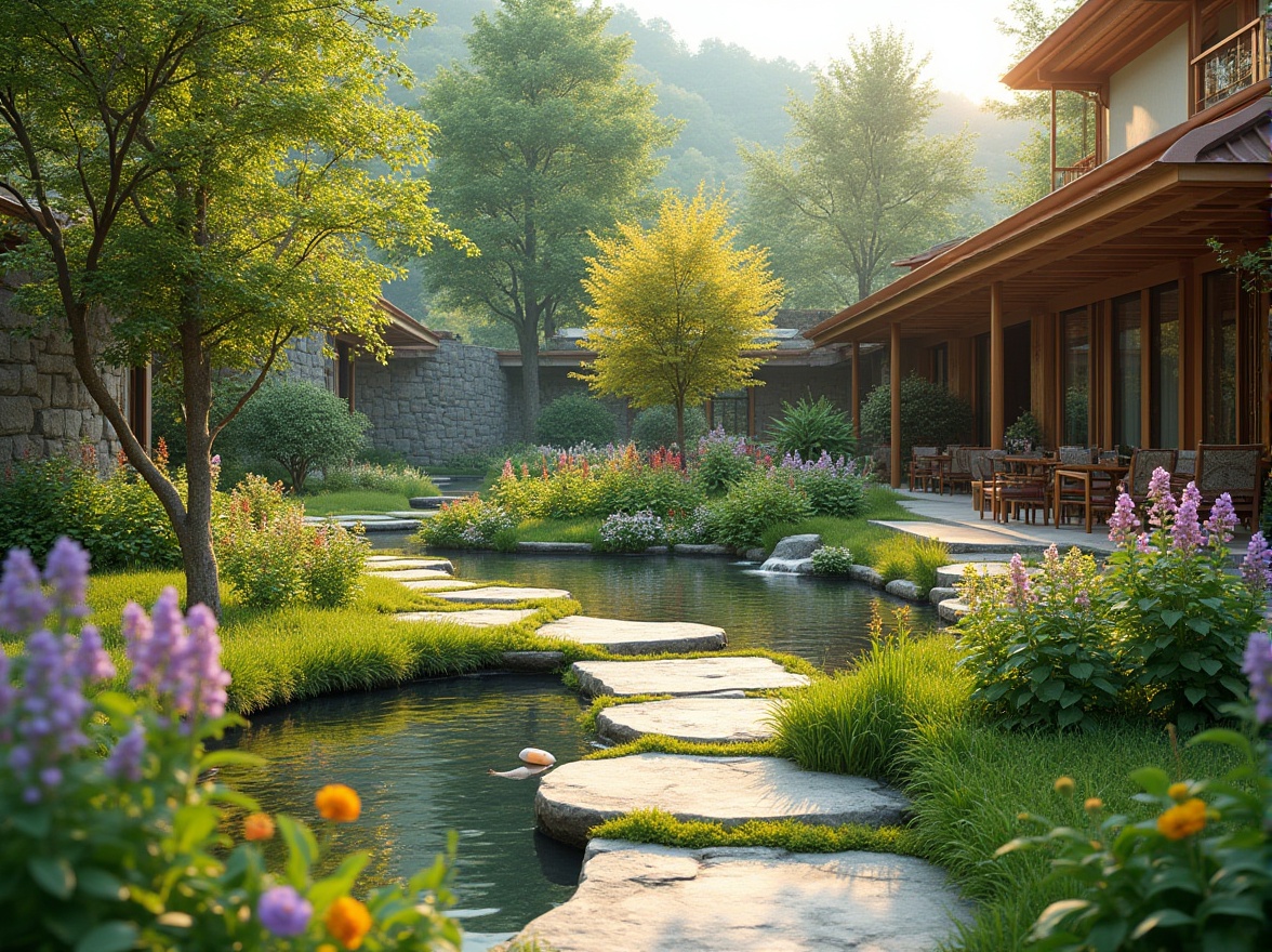 Prompt: Serene natural surroundings, lush greenery, vibrant flowers, meandering paths, ornamental ponds, water features, outdoor seating areas, rustic stone walls, wooden decks, modern architecture, large windows, glass doors, blooming trees, sunny day, soft warm lighting, shallow depth of field, 3/4 composition, panoramic view, realistic textures, ambient occlusion.